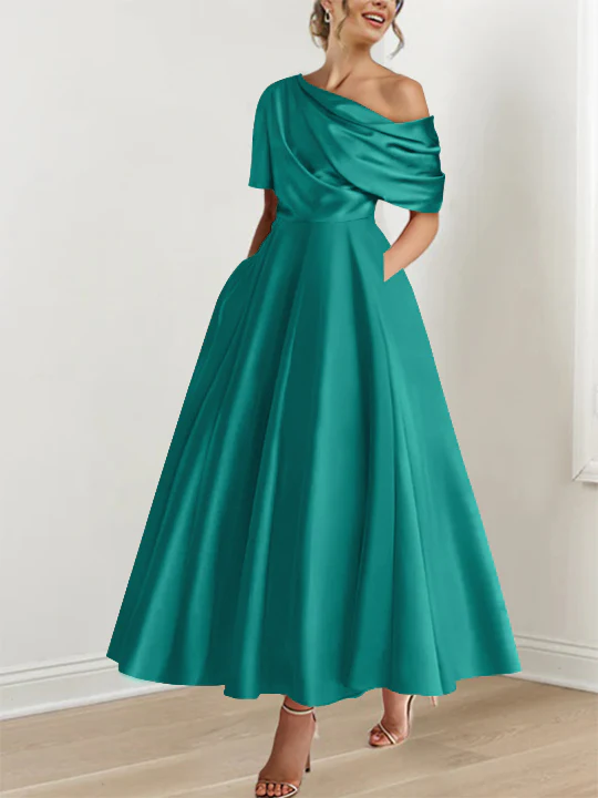 A-Line/Princess One-shoulder Half Sleeve Ankle-Length Mother of the Bride Dresses with Ruffles - Image 28