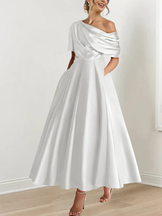 A-Line/Princess One-shoulder Half Sleeve Ankle-Length Mother of the Bride Dresses with Ruffles - Image 47