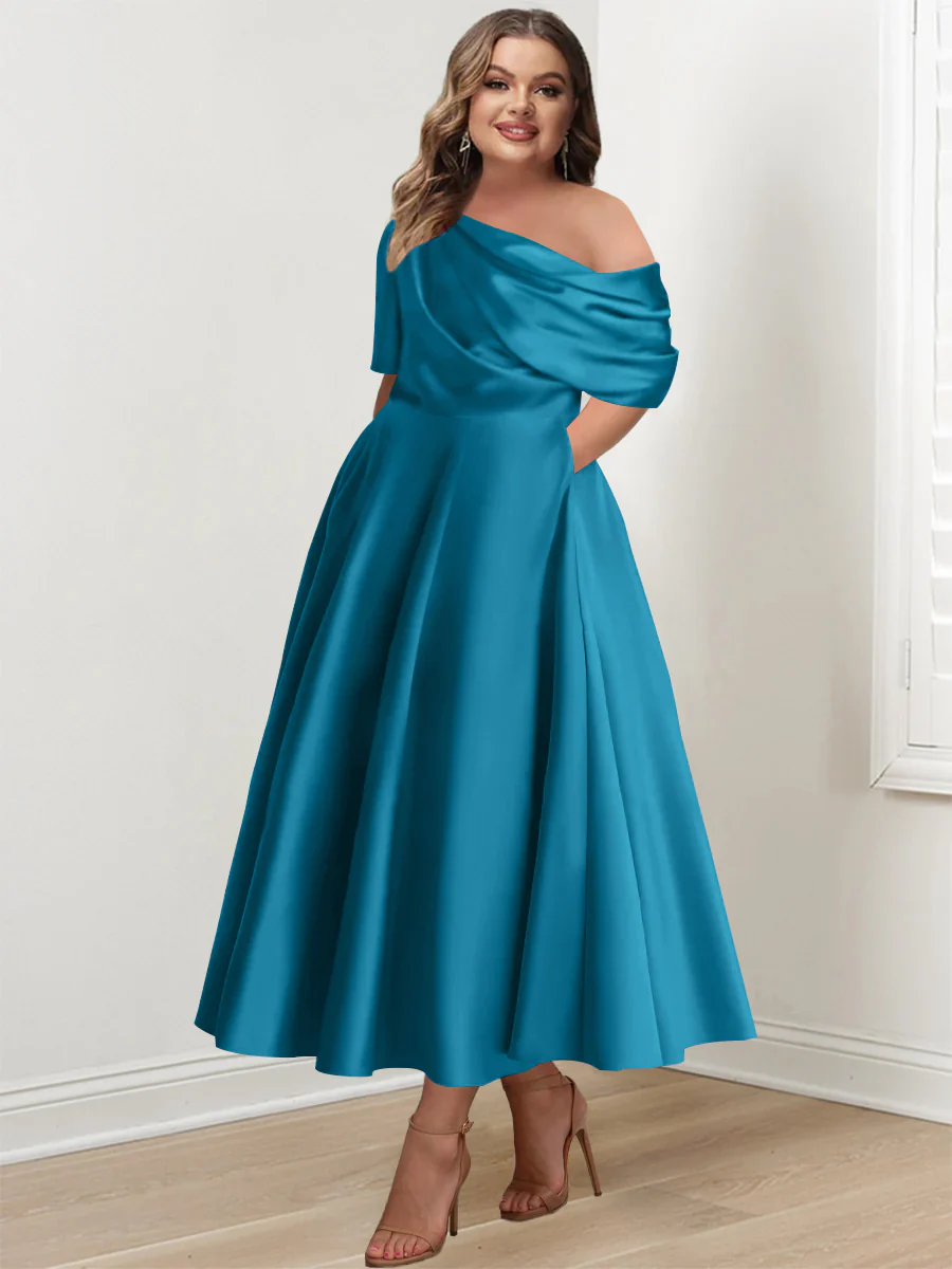 A-Line/Princess One-shoulder Half Sleeve Ankle-Length Plus Size Mother of the Bride Dresses with Ruffles - Image 29