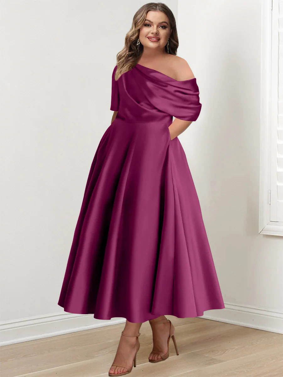 A-Line/Princess One-shoulder Half Sleeve Ankle-Length Plus Size Mother of the Bride Dresses with Ruffles - Image 31