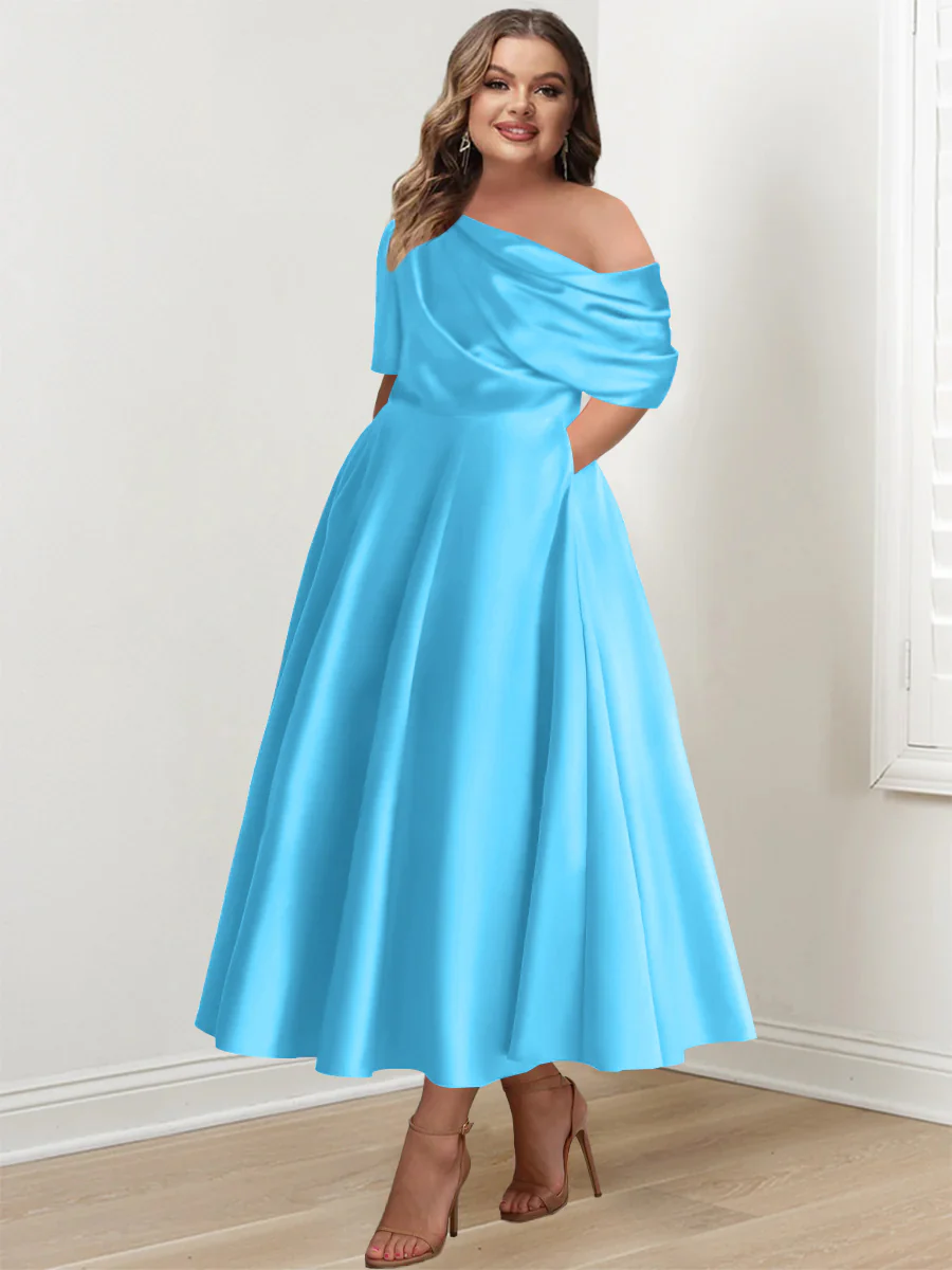 A-Line/Princess One-shoulder Half Sleeve Ankle-Length Plus Size Mother of the Bride Dresses with Ruffles - Image 5