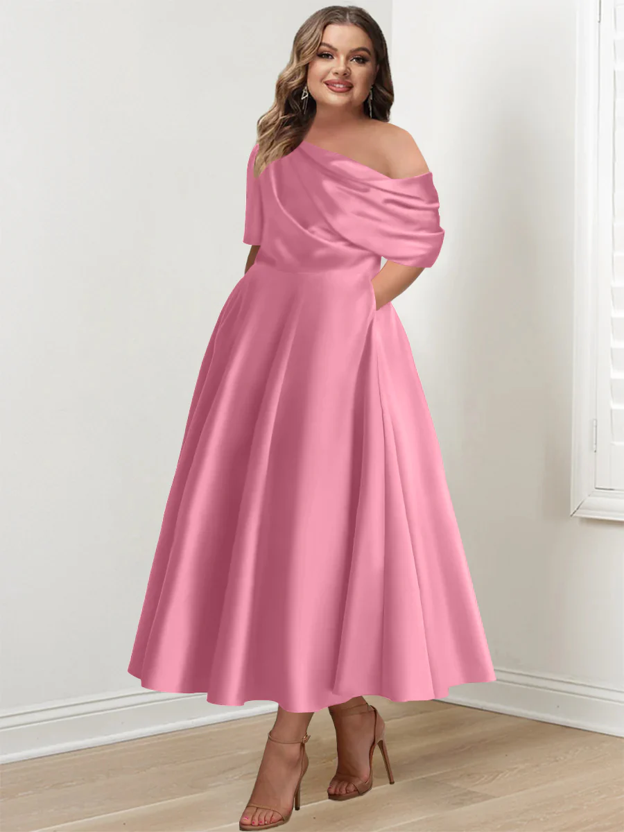A-Line/Princess One-shoulder Half Sleeve Ankle-Length Plus Size Mother of the Bride Dresses with Ruffles - Image 8