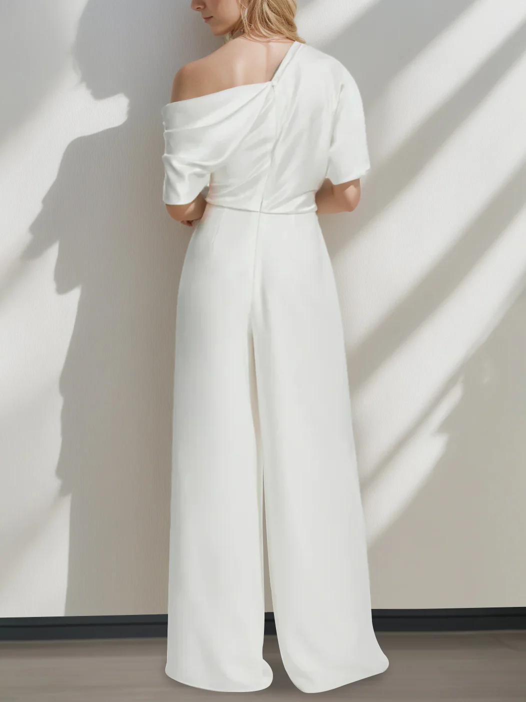 A-Line/Princess One-Shoulder Half Sleeves Floor Length Wedding Pantsuits With Ruffles - Image 2
