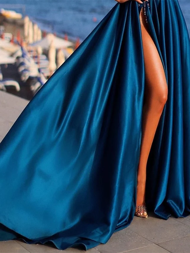 A-Line/Princess One-Shoulder Evening Dresses Satin Prom Party Dress With Beading & Split Side - Image 3
