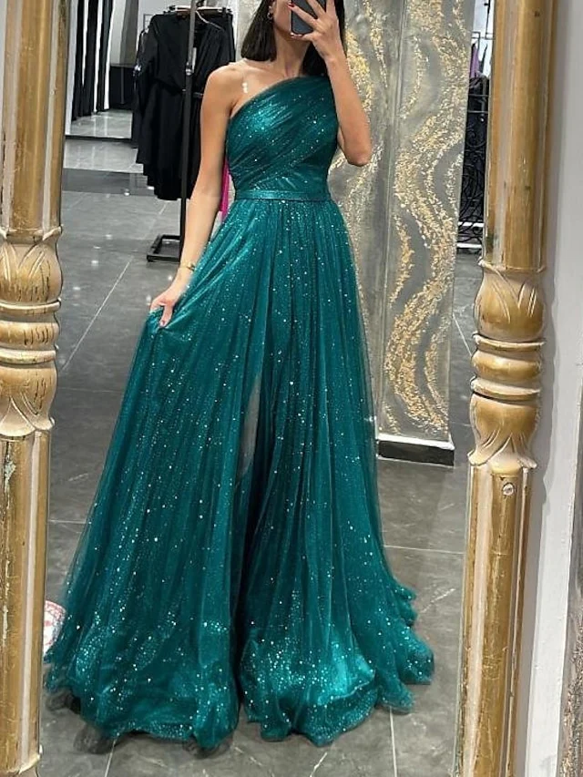 A-Line/Princess One-Shoulder Long Prom Dresses With Sequins - Image 3