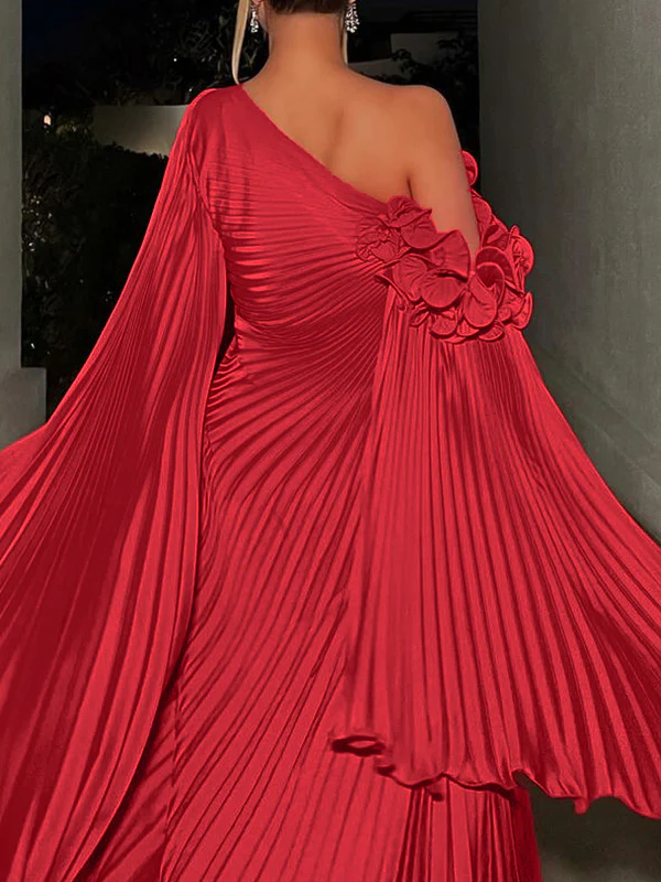 A-Line/Princess One-Shoulder Long Sleeves Floor-Length Plus Size Evening Dresses - Image 3