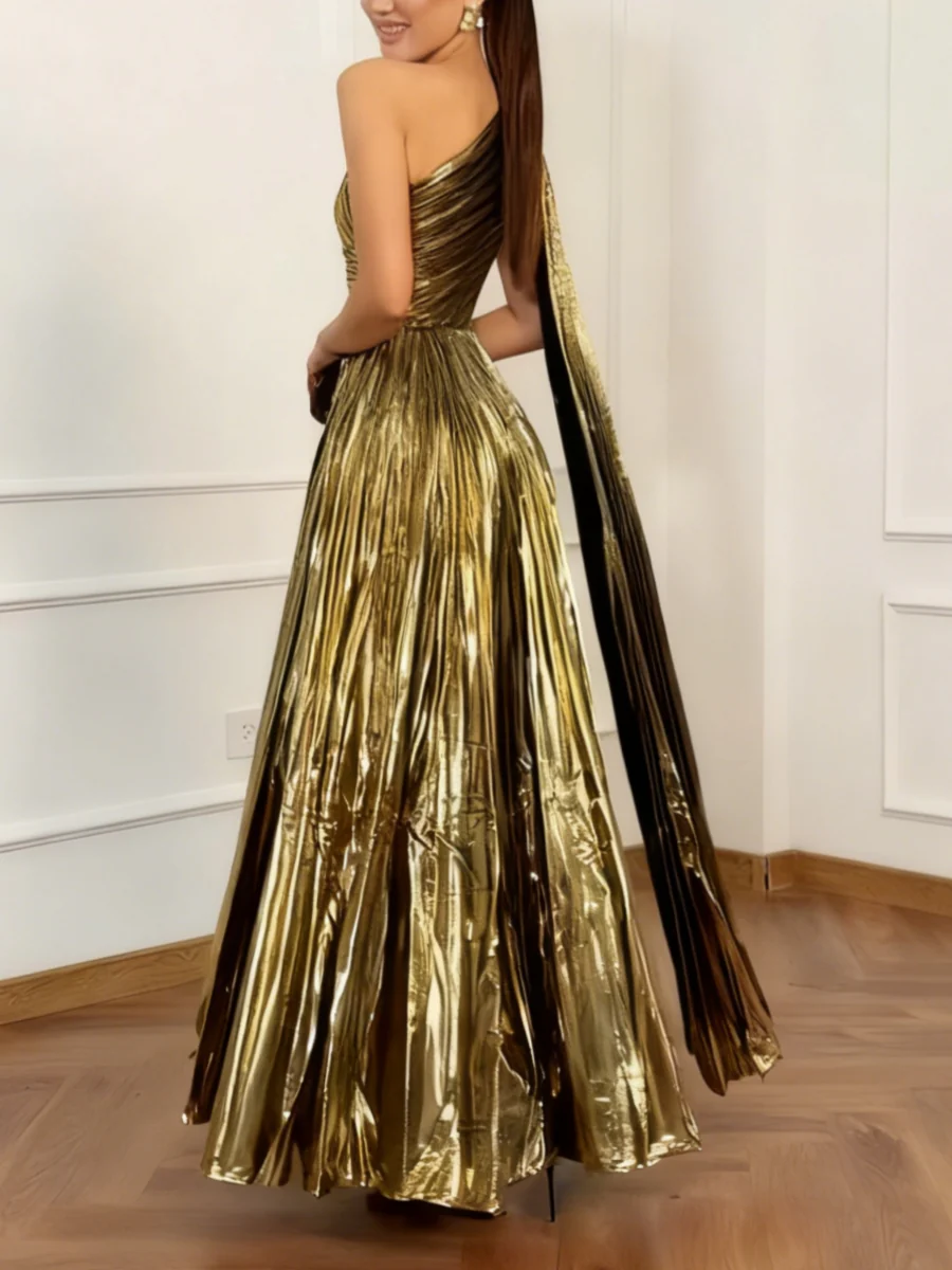 A-Line/Princess One-Shoulder Prom Dresses with Watteau Train Pleated Floor-Length Formal Dresses - Image 2