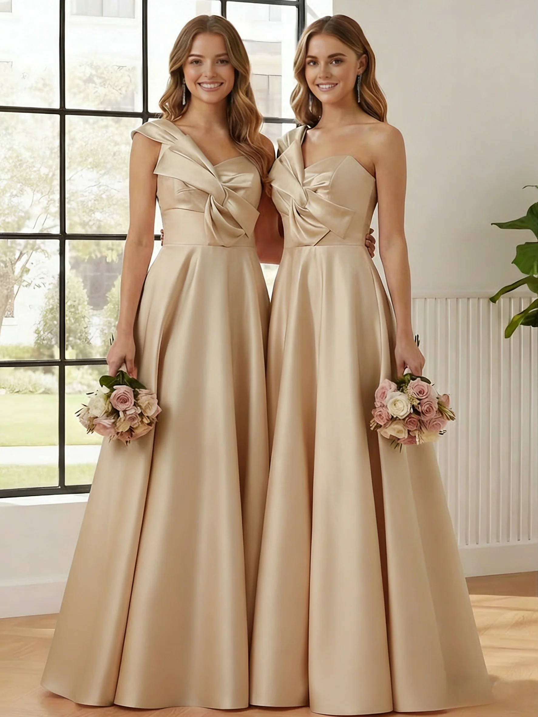 A-Line/Princess One-Shoulder Satin Bridesmaid Dresses Sleeveless Floor-Length Ruched Bowknot - Image 2