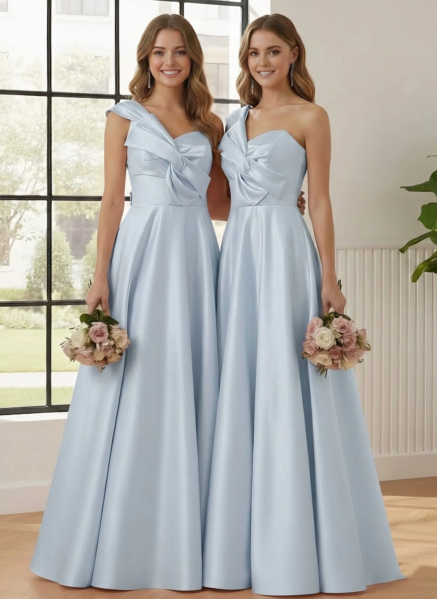 A-Line/Princess One-Shoulder Satin Bridesmaid Dresses Sleeveless Floor-Length Ruched Bowknot - Image 4