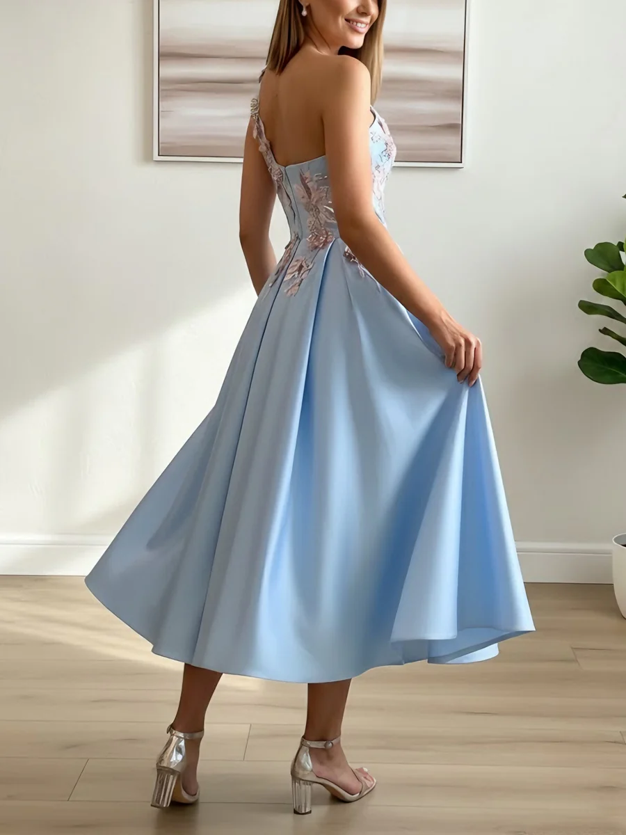 A-Line/Princess One-Shoulder Satin Cocktail Dresses Sleeveless Tea-Length Floral Formal Dresses - Image 2