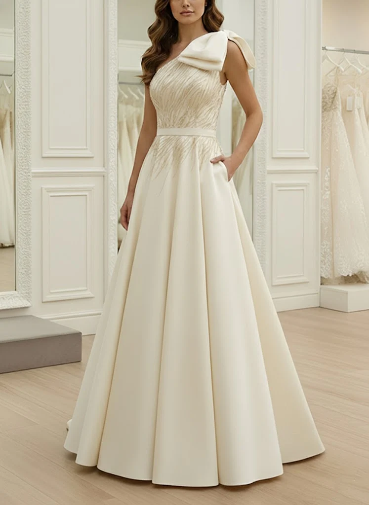 A-Line/Princess One-Shoulder Satin Evening Dresses with Bowknot Sleeveless Sequins Floor-Length Party Dresses - Image 4