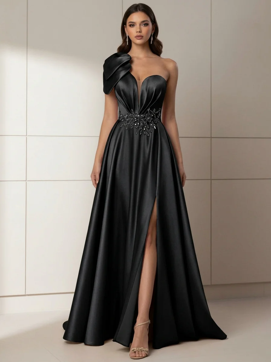 A-Line/Princess One-Shoulder Satin Evening Dresses with Split Side Sleeveless Floor-Length Beading Party Dresses - Image 3