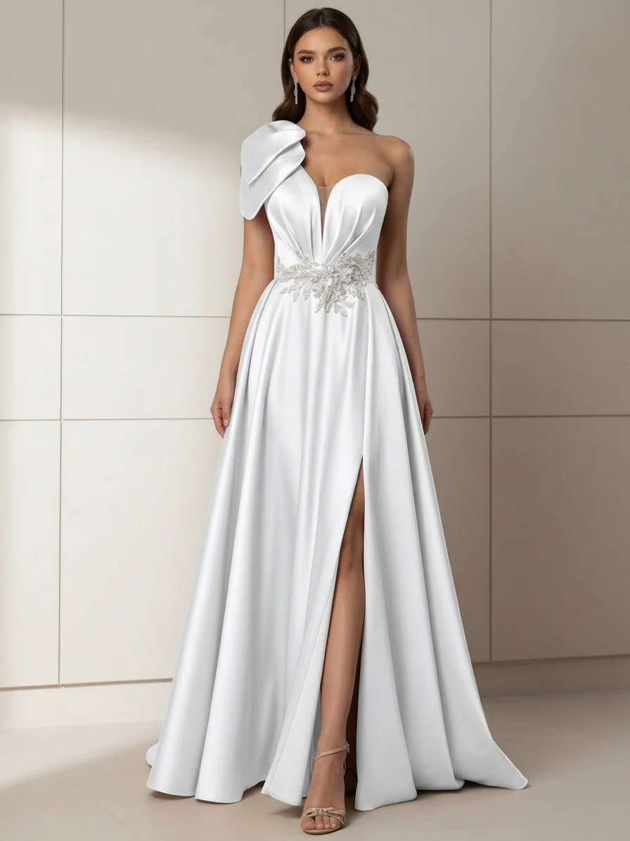 A-Line/Princess One-Shoulder Satin Evening Dresses with Split Side Sleeveless Floor-Length Beading Party Dresses - Image 4
