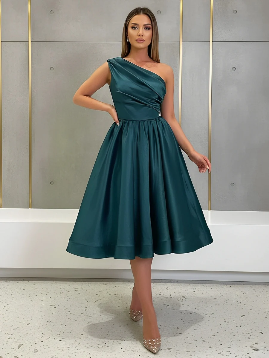 A-Line/Princess One-Shoulder Silk Satin Cocktail Dresses Sleeveless Tea-Length Pleated Formal Dresses - Image 3