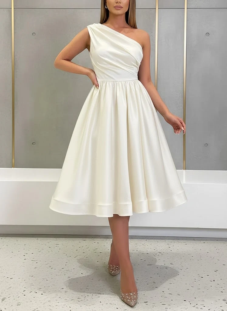 A-Line/Princess One-Shoulder Silk Satin Cocktail Dresses Sleeveless Tea-Length Pleated Formal Dresses - Image 8
