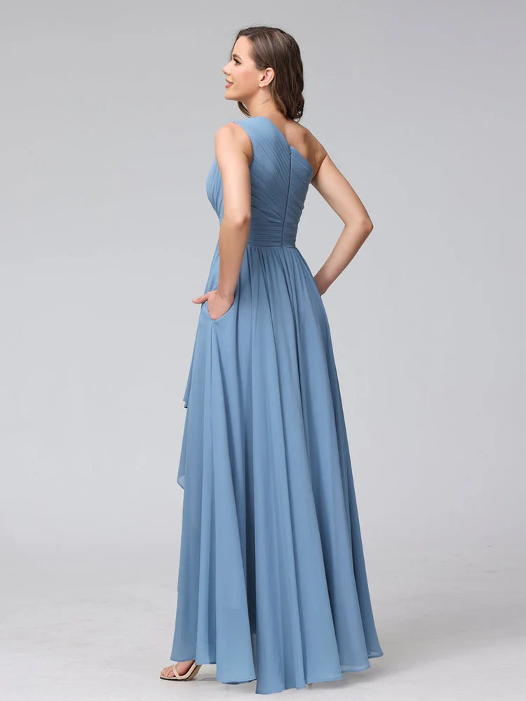 A-Line/Princess One-Shoulder Sleeveless Asymmetrical Bridemaid Dresses with Pockets - Image 2