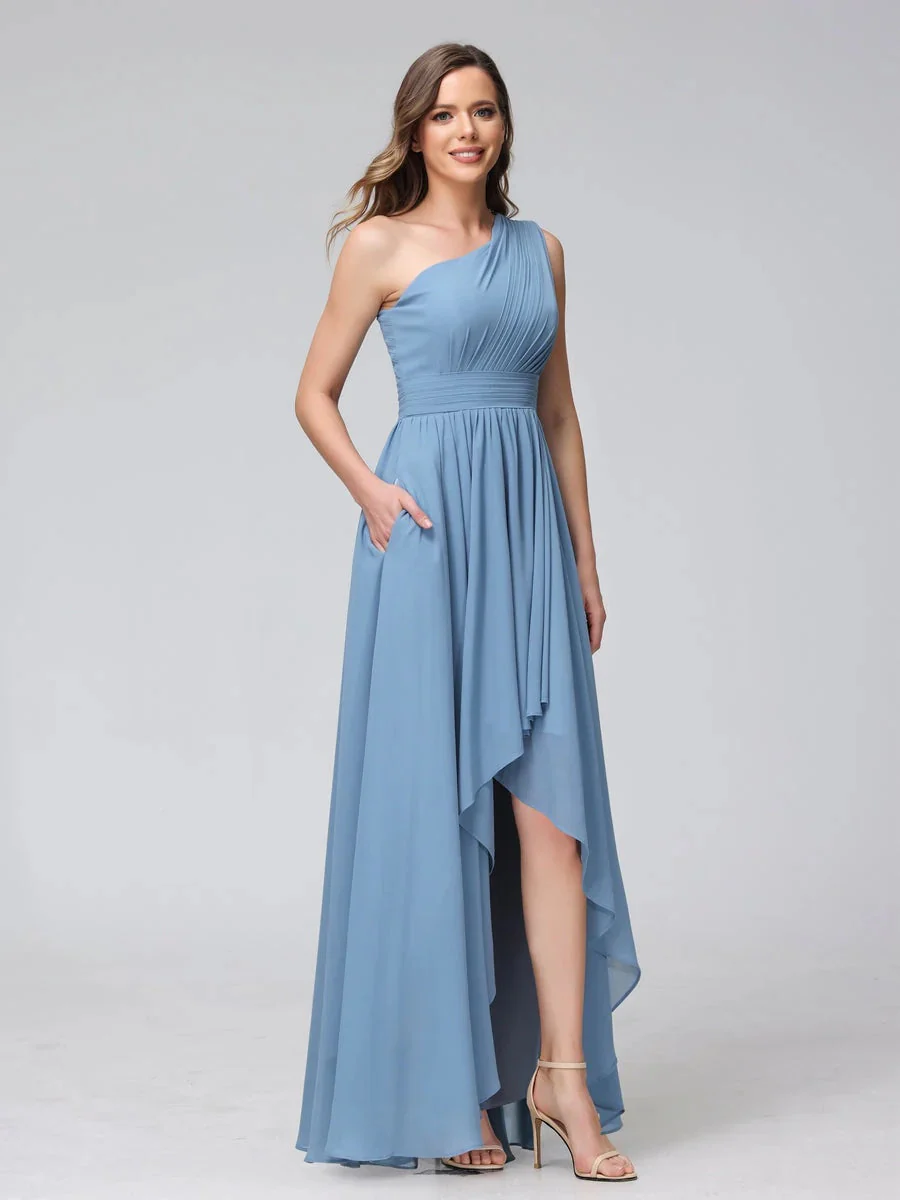 A-Line/Princess One-Shoulder Sleeveless Asymmetrical Bridemaid Dresses with Pockets - Image 3