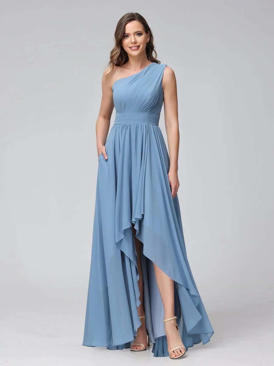 A-Line/Princess One-Shoulder Sleeveless Asymmetrical Bridemaid Dresses with Pockets - Image 4