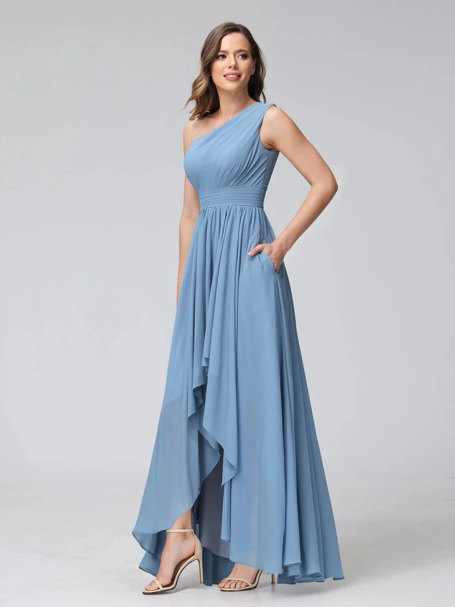 A-Line/Princess One-Shoulder Sleeveless Asymmetrical Bridemaid Dresses with Pockets - Image 5