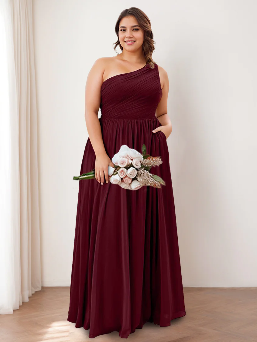 A-Line/Princess One-Shoulder Sleeveless Floor-Length Bridesmaid Dresses with Pocket & Ruffles - Image 3