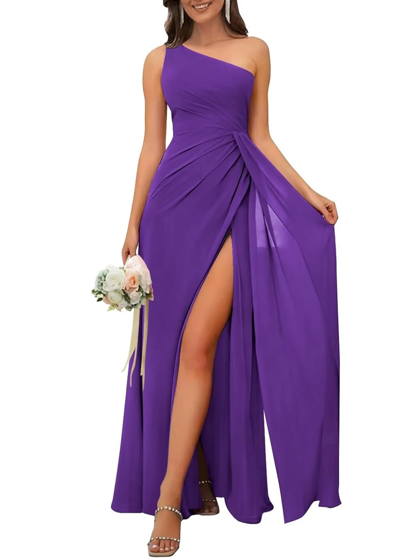 A-Line/Princess One Shoulder Sleeveless Floor-Length Bridesmaid Dresses with Split - Image 4
