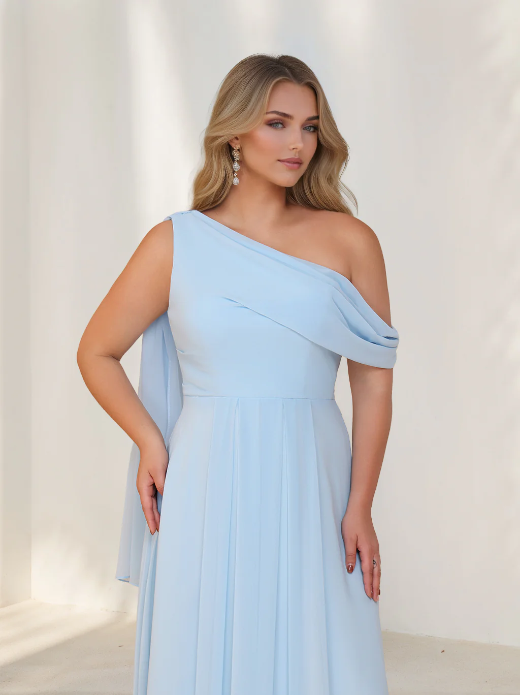 A-Line/Princess One-Shoulder Sleeveless Floor-Length Chiffon Plus Size Bridesmaid Dresses with Watteau Train - Image 4