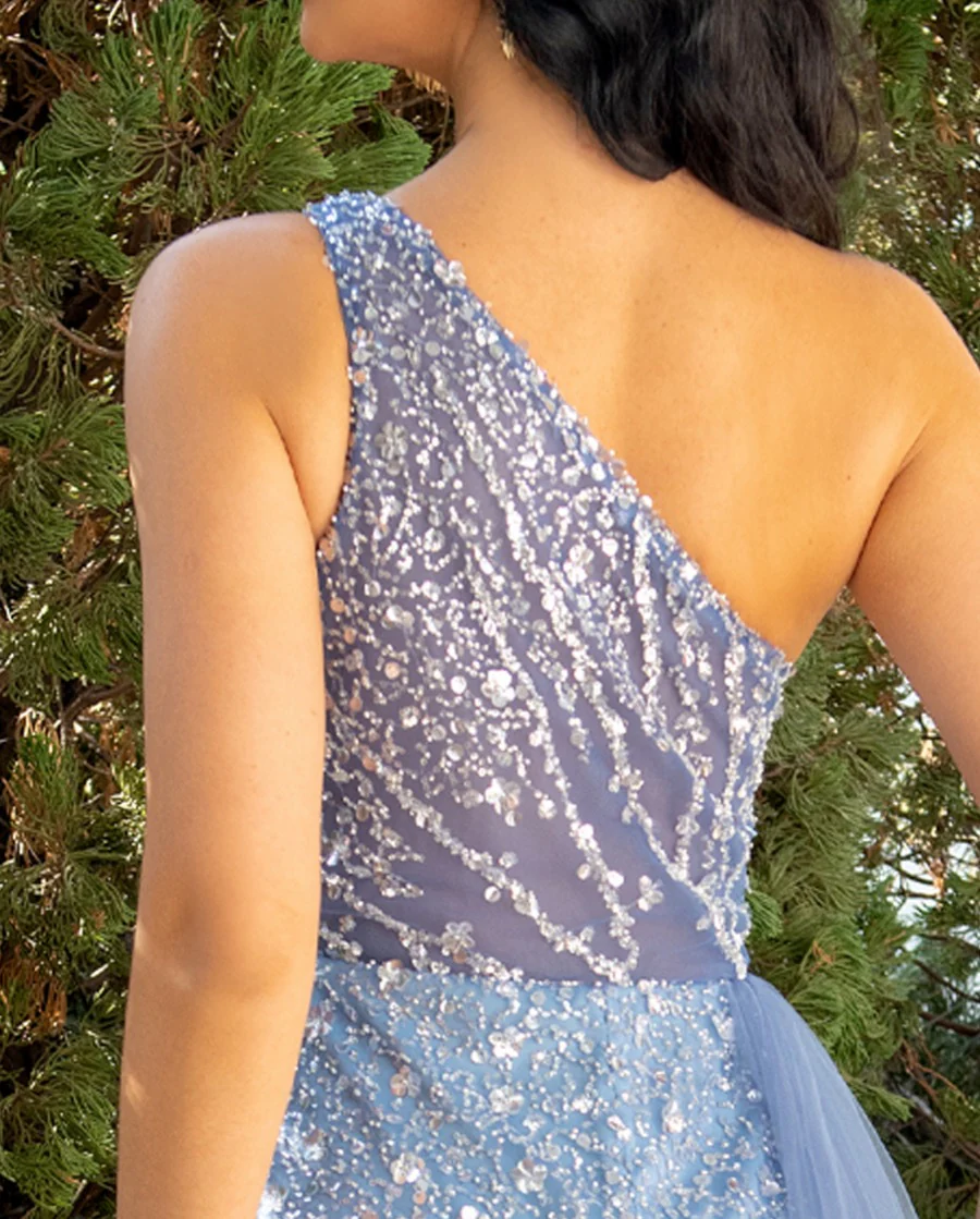 A-Line/Princess One-Shoulder Sleeveless Floor-Length Cutout Evening Dresses with Tulle & Sequins - Image 3