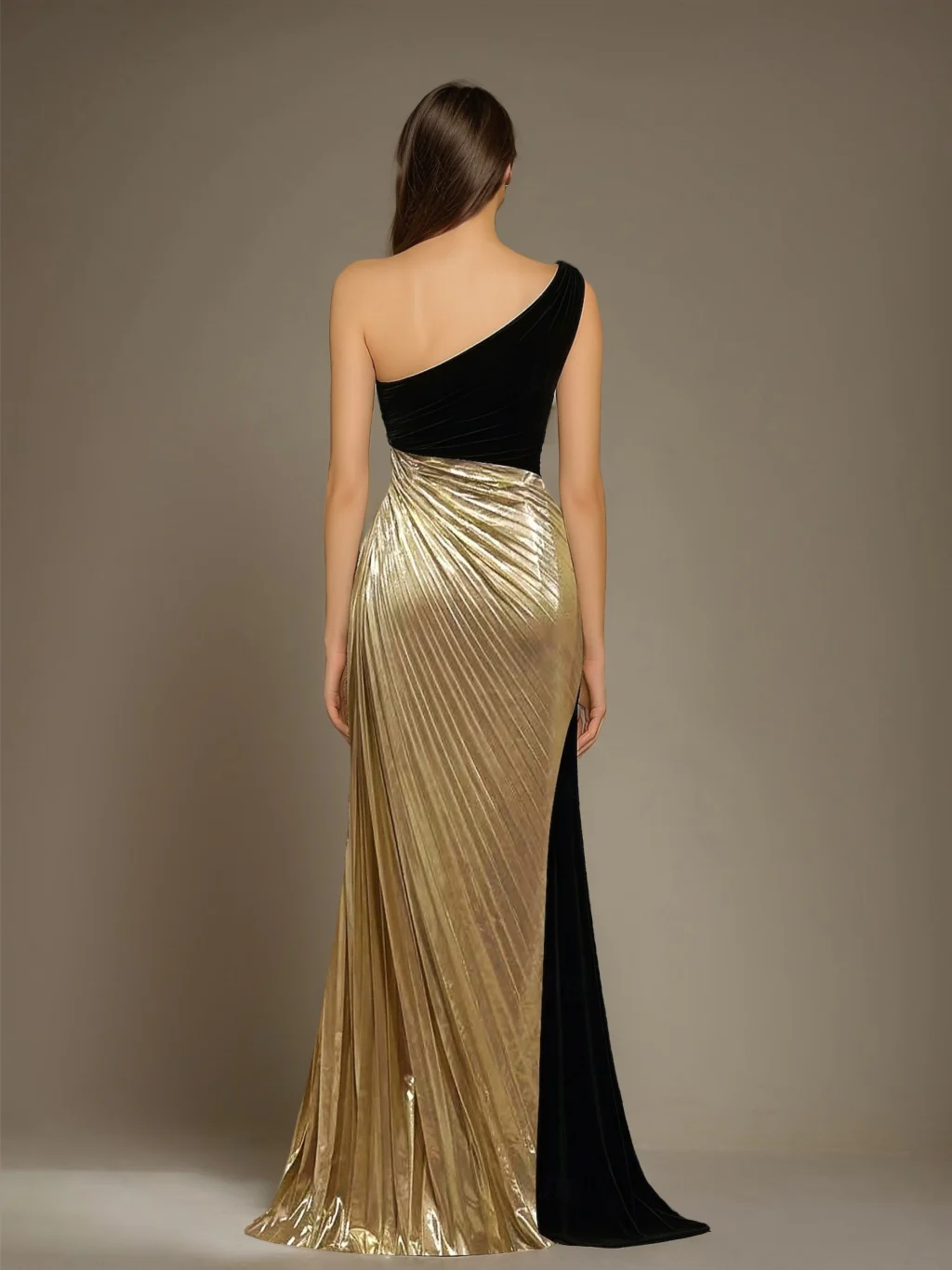 A-Line/Princess One-Shoulder Sleeveless Floor-Length Evening Dresses with Rhinestone & Pleats - Image 2