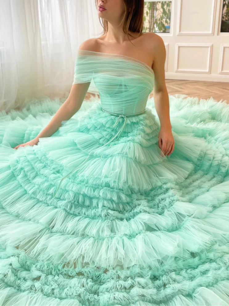 A-Line/Princess One-Shoulder Sleeveless Floor-Length Prom Dresses with Pleats - Image 2