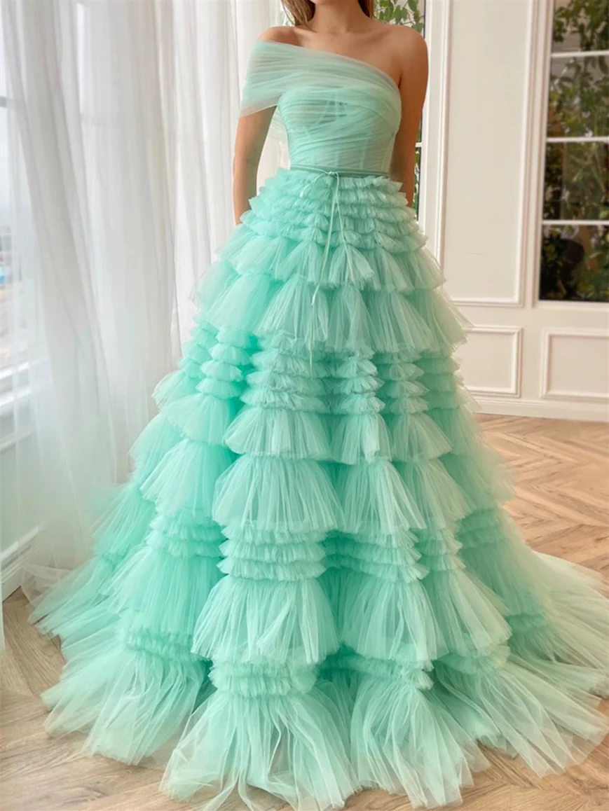 A-Line/Princess One-Shoulder Sleeveless Floor-Length Prom Dresses with Pleats - Image 3