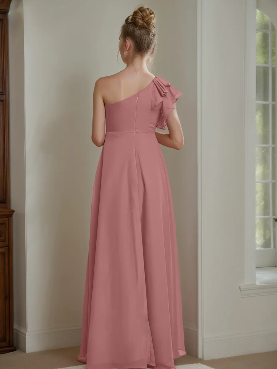 A-Line/Princess One-Shoulder Sleeveless Junior Bridesmaid Dresses with Ruffles - Image 2