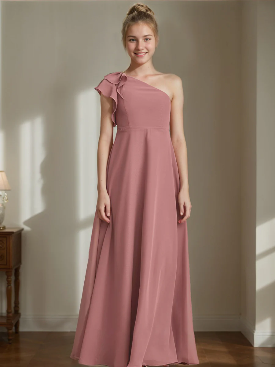 A-Line/Princess One-Shoulder Sleeveless Junior Bridesmaid Dresses with Ruffles - Image 3