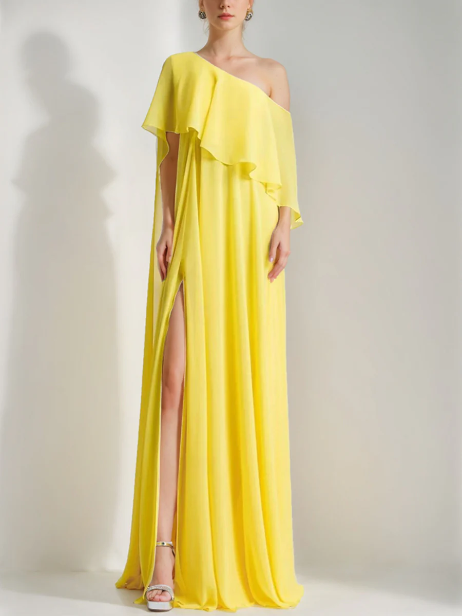 A-Line/Princess One-Shoulder Evening Dresses Sleeveless with Ruffles & High Split