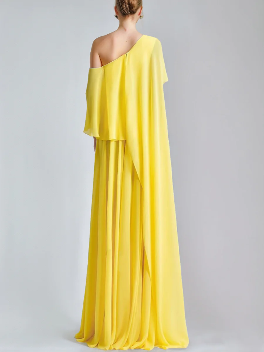 A-Line/Princess One-Shoulder Evening Dresses Sleeveless with Ruffles & High Split - Image 2