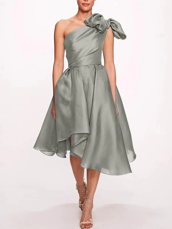 A-Line/Princess One Shoulder Sleeveless Tea-Length Cocktail Dresses with Slit - Image 21