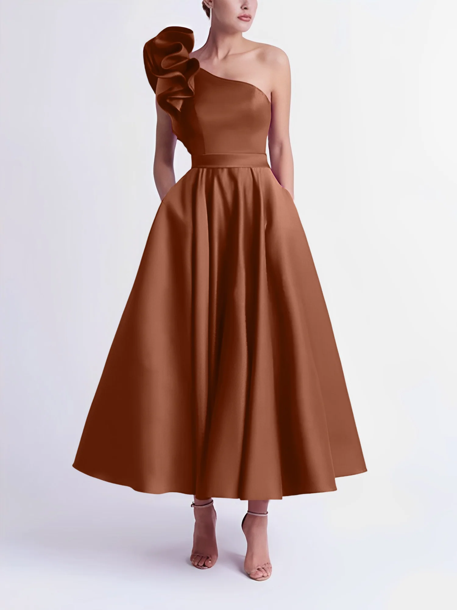 A-Line One-Shoulder Wedding Guest Cocktail Dresses Tea-Length With Ruffles - Image 10