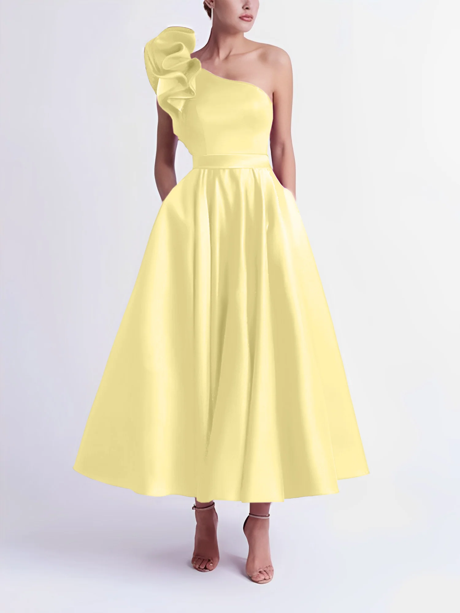A-Line One-Shoulder Wedding Guest Cocktail Dresses Tea-Length With Ruffles - Image 11