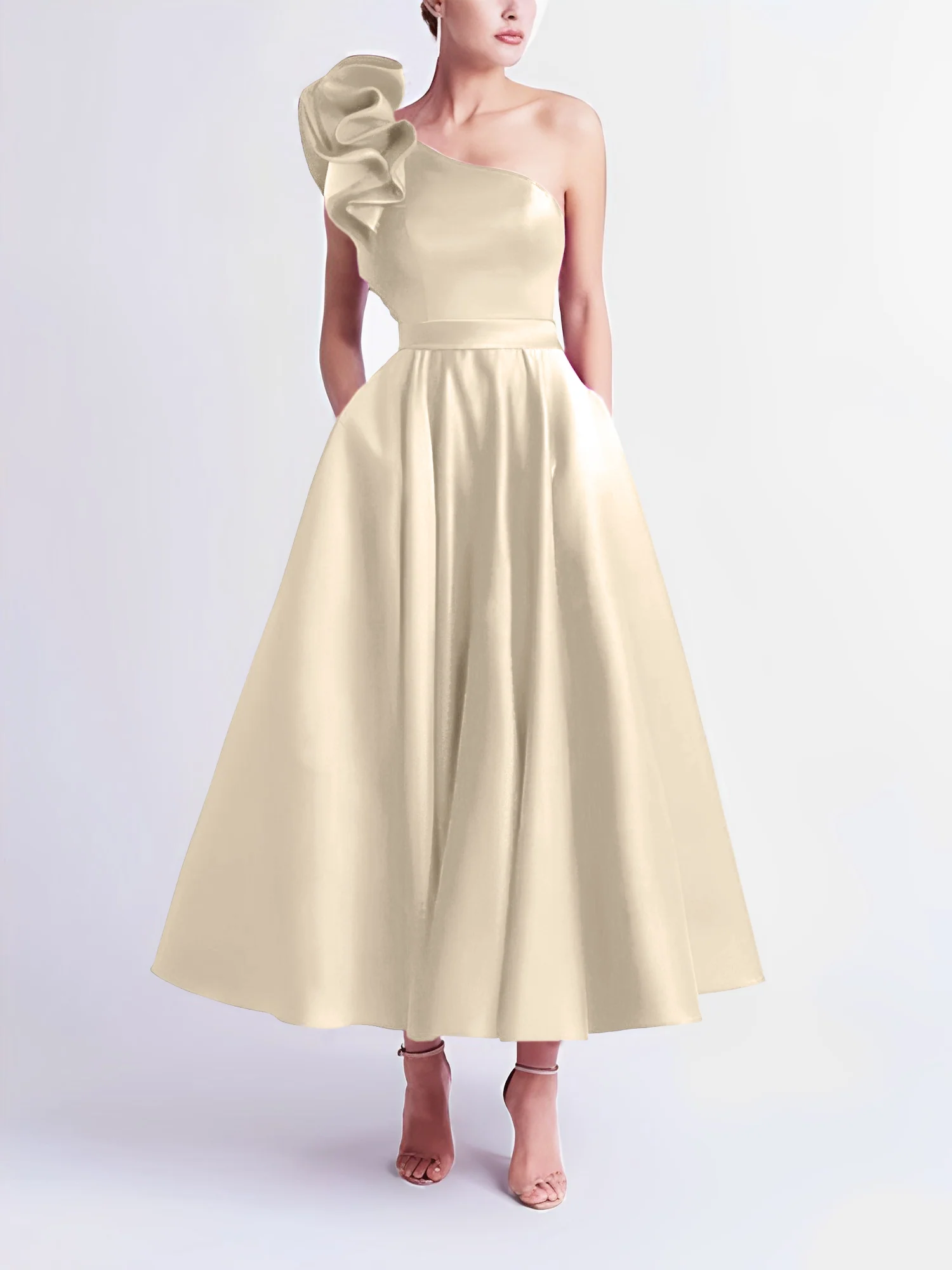A-Line One-Shoulder Wedding Guest Cocktail Dresses Tea-Length With Ruffles - Image 12