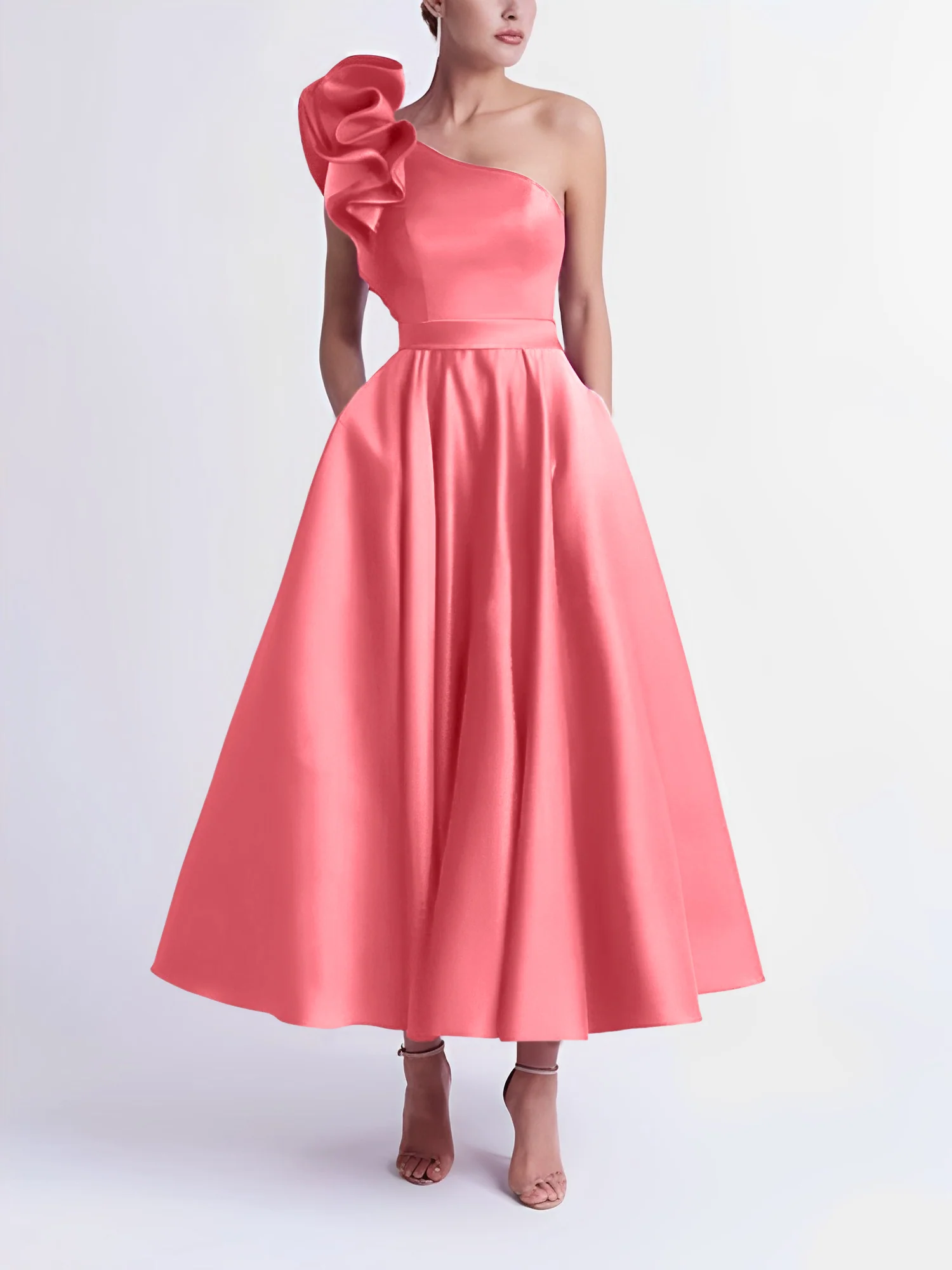 A-Line One-Shoulder Wedding Guest Cocktail Dresses Tea-Length With Ruffles - Image 13