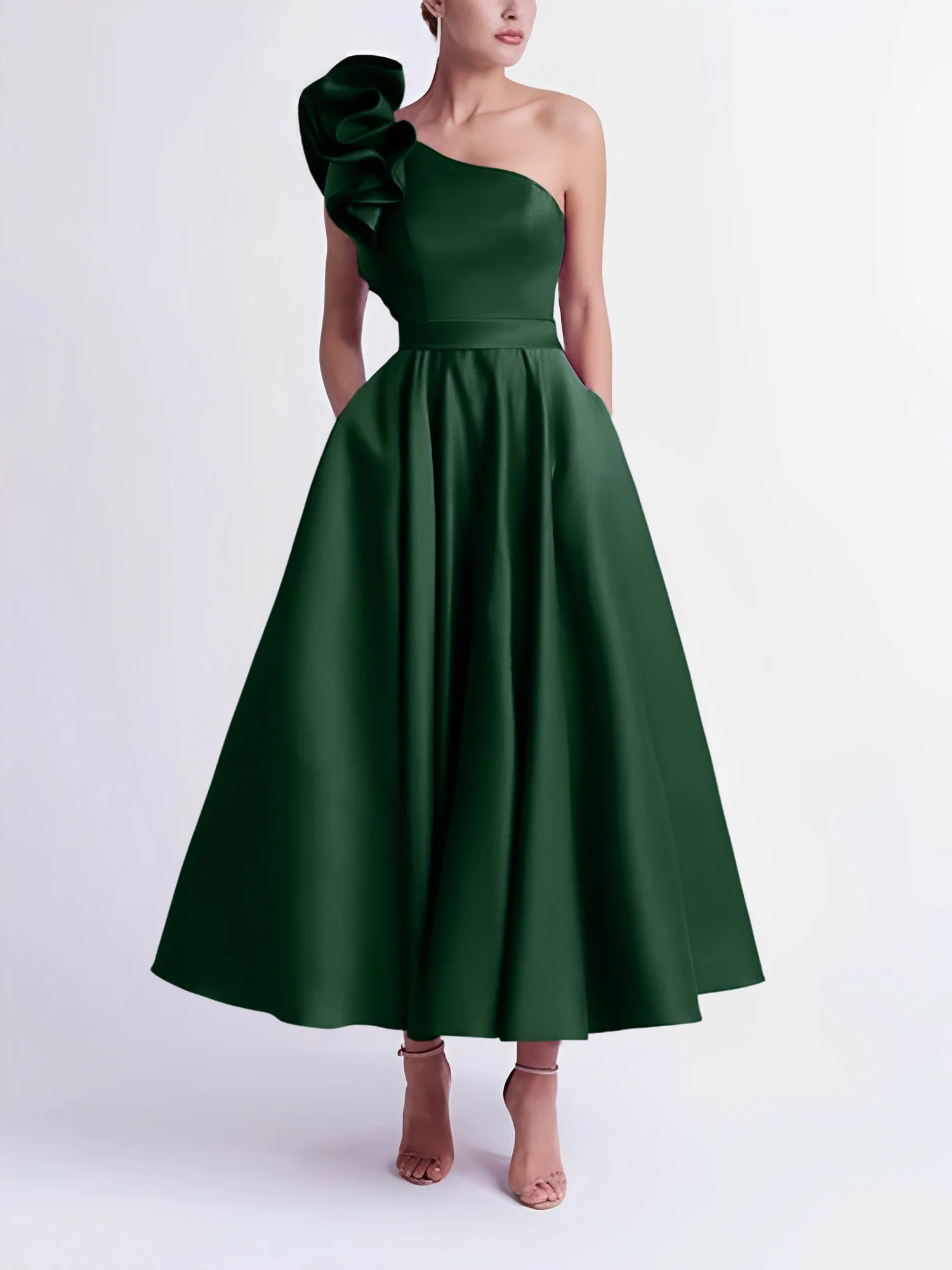A-Line One-Shoulder Wedding Guest Cocktail Dresses Tea-Length With Ruffles - Image 14