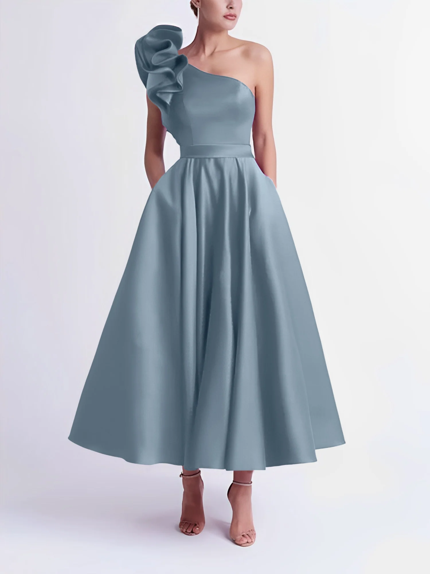 A-Line One-Shoulder Wedding Guest Cocktail Dresses Tea-Length With Ruffles - Image 16
