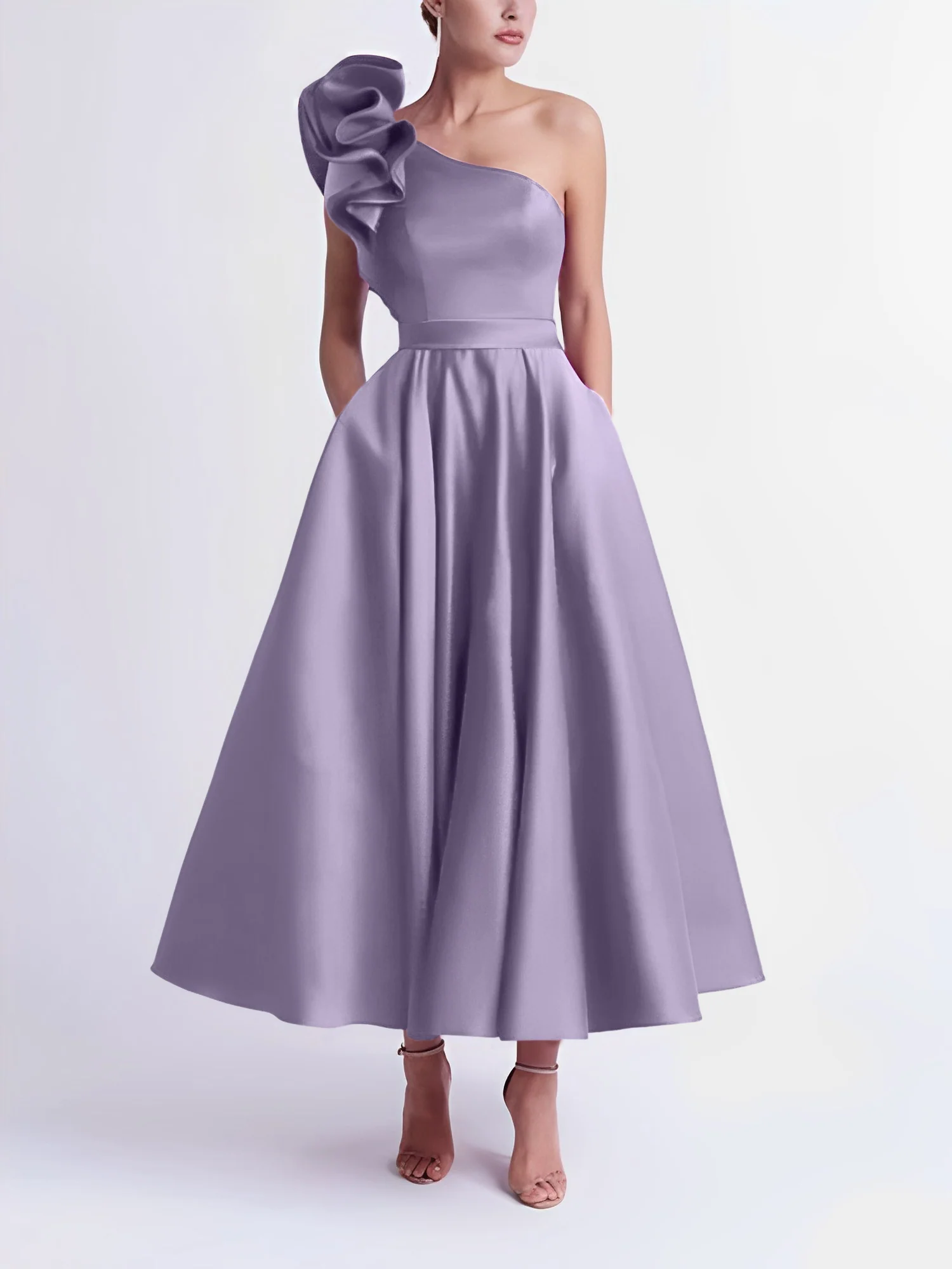 A-Line One-Shoulder Wedding Guest Cocktail Dresses Tea-Length With Ruffles - Image 17