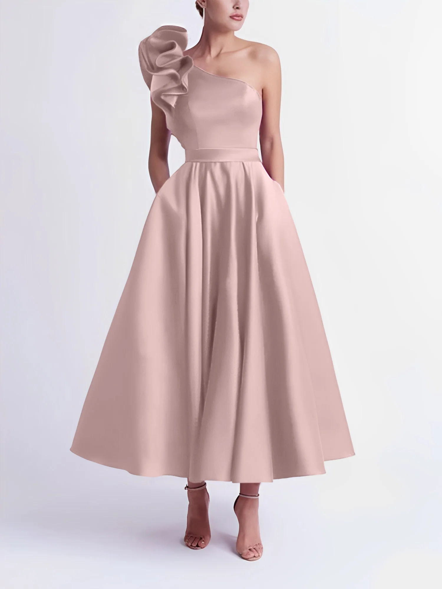 A-Line One-Shoulder Wedding Guest Cocktail Dresses Tea-Length With Ruffles - Image 18