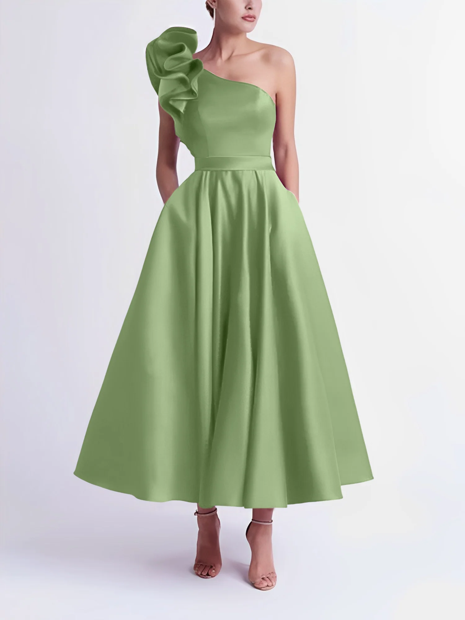A-Line One-Shoulder Wedding Guest Cocktail Dresses Tea-Length With Ruffles - Image 19