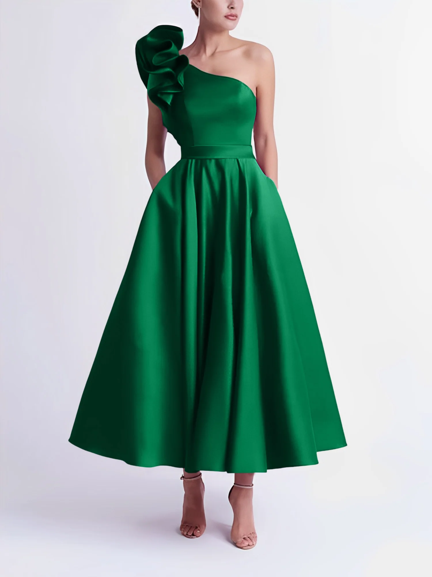 A-Line One-Shoulder Wedding Guest Cocktail Dresses Tea-Length With Ruffles - Image 20