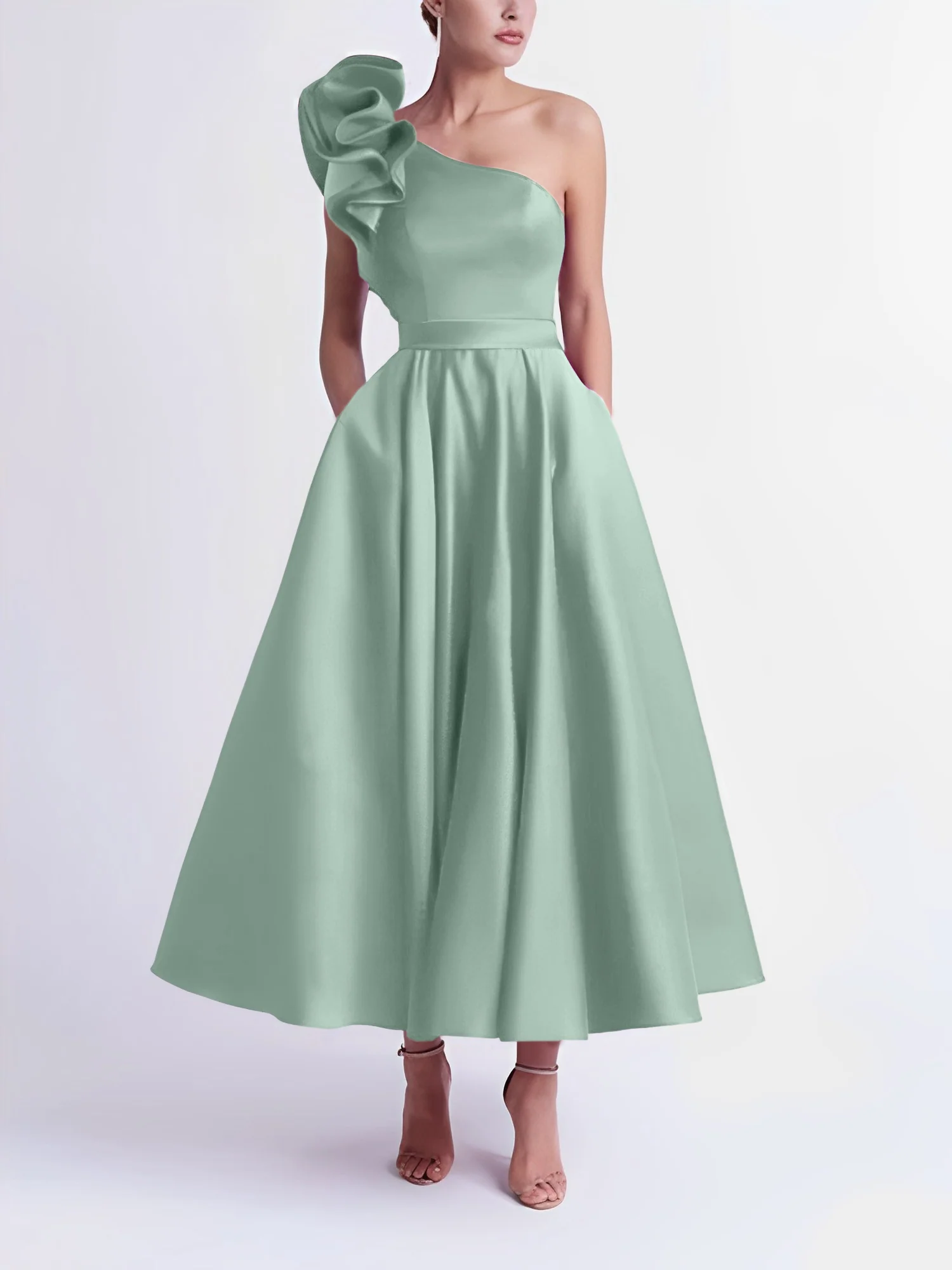 A-Line One-Shoulder Wedding Guest Cocktail Dresses Tea-Length With Ruffles - Image 21
