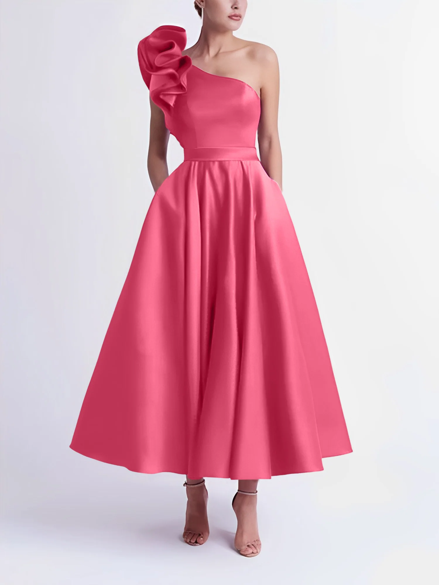 A-Line One-Shoulder Wedding Guest Cocktail Dresses Tea-Length With Ruffles - Image 23