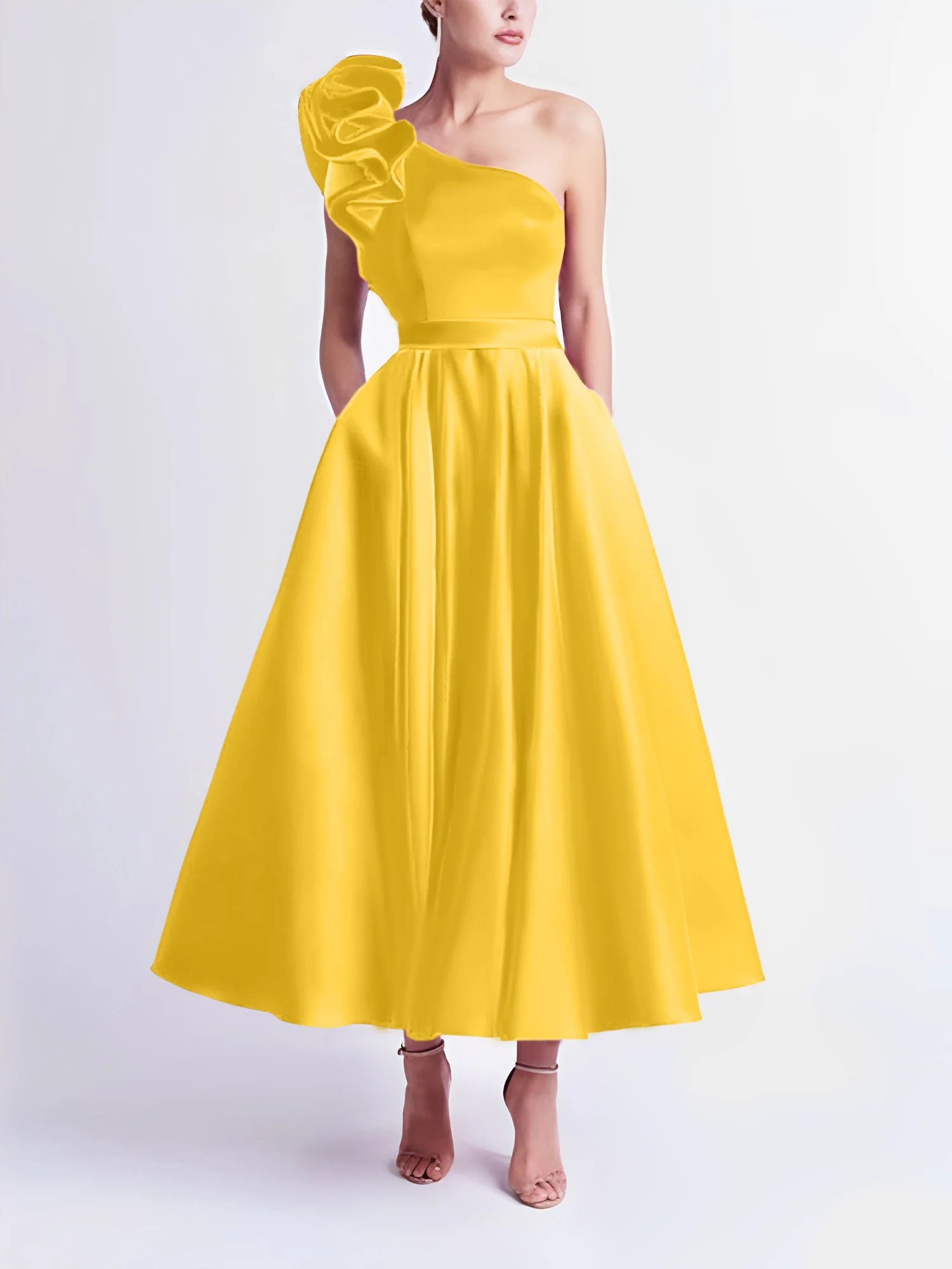 A-Line One-Shoulder Wedding Guest Cocktail Dresses Tea-Length With Ruffles - Image 24