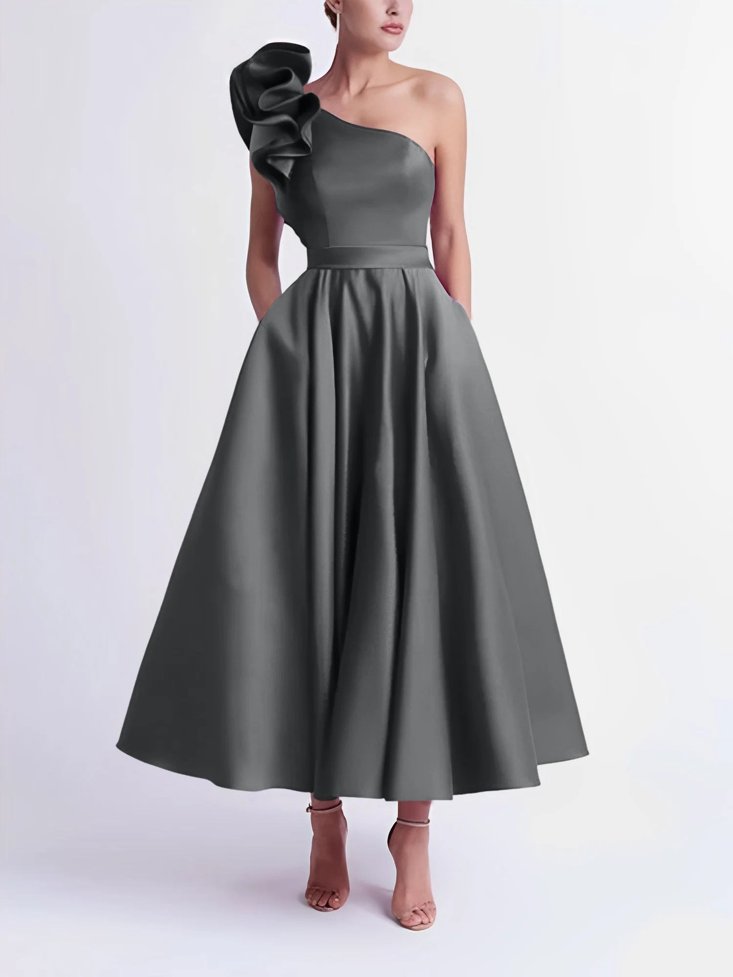 A-Line One-Shoulder Wedding Guest Cocktail Dresses Tea-Length With Ruffles - Image 26