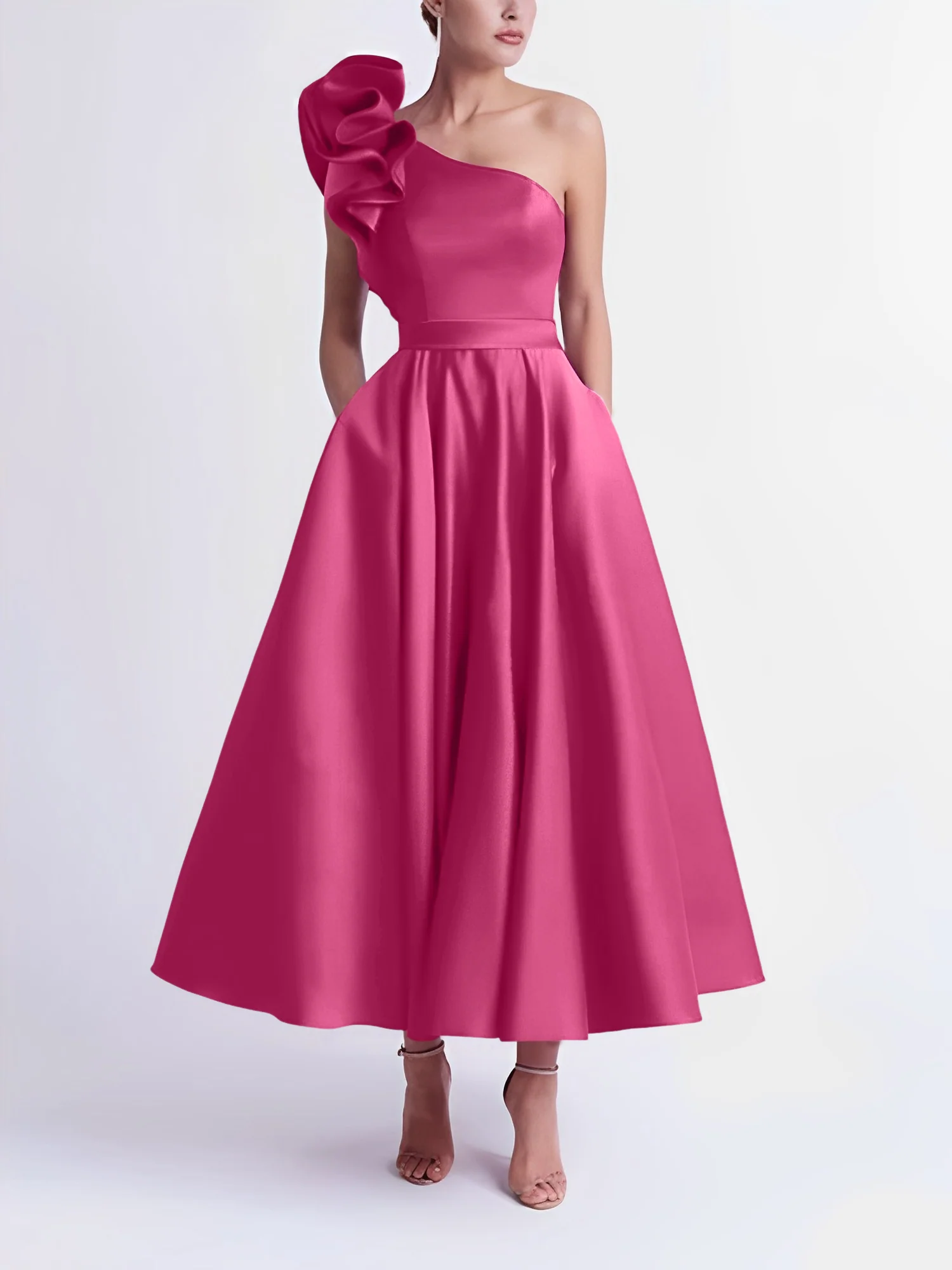 A-Line One-Shoulder Wedding Guest Cocktail Dresses Tea-Length With Ruffles - Image 28